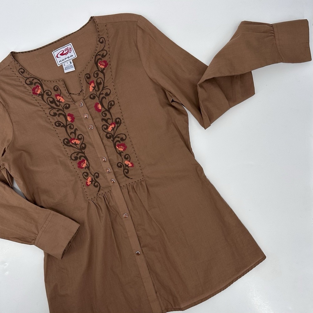 Roper Western Shirt Floral Embroidered Cowgirl Pearl Snap Brown Y2K Womens Small